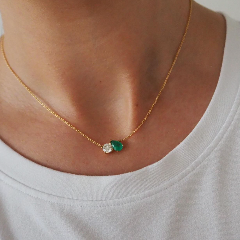 GIA Diamond + Emerald Toi et Moi Necklace