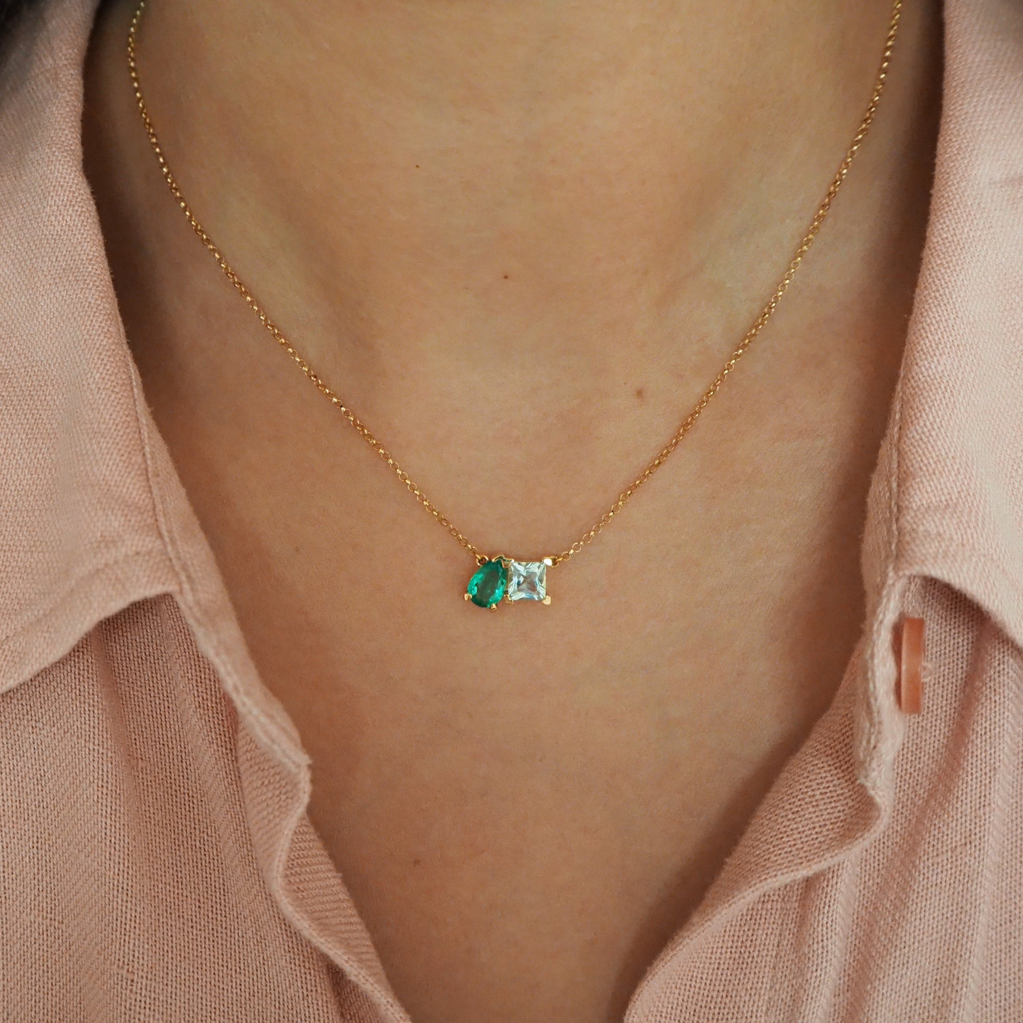 Emerald + Aquamarine Toi et Moi Necklace