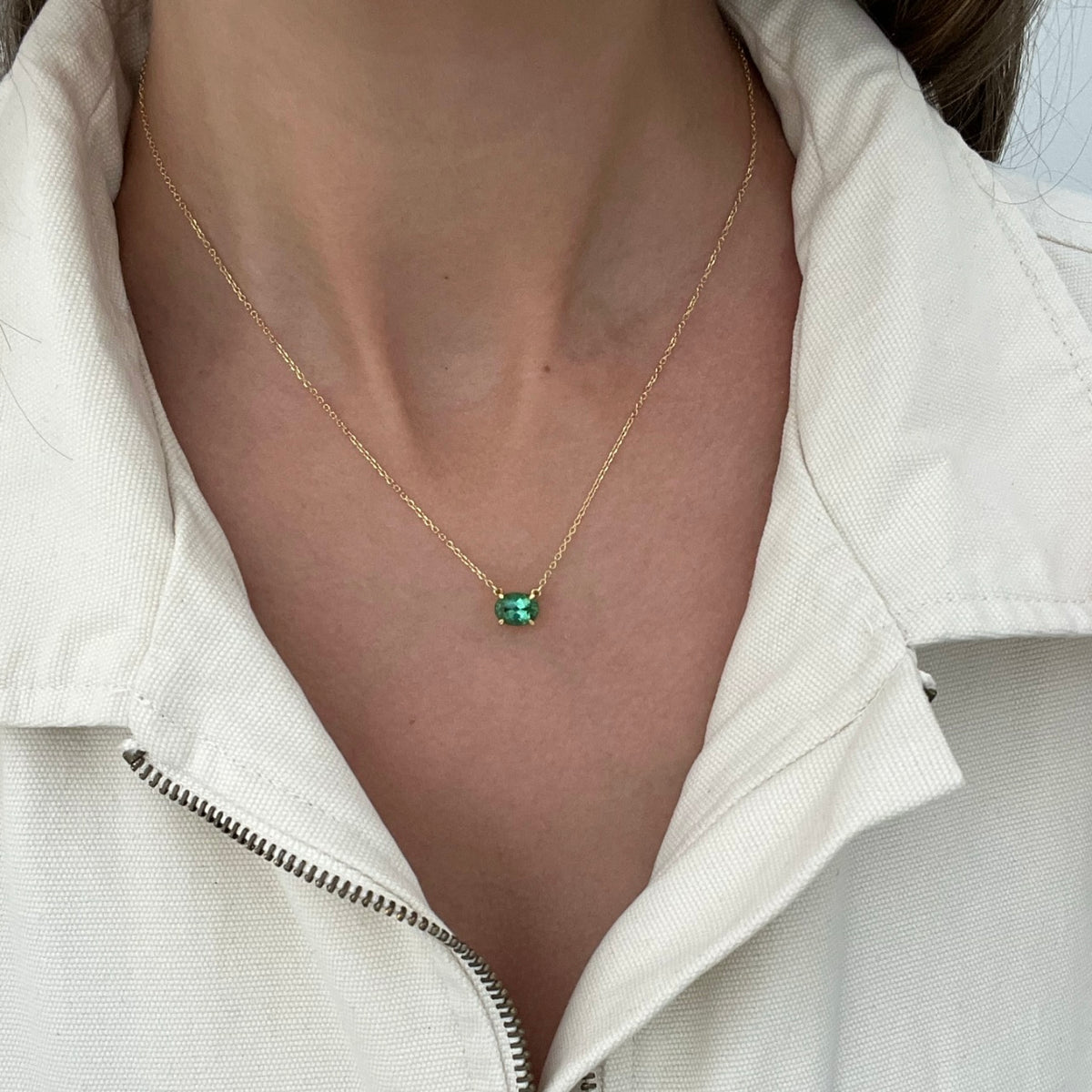 Oval Green Tourmaline Necklace - Solid Gold